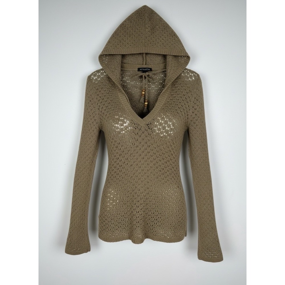 ATHLETA Crochet Knit Flared Trumpet Sleeve Organic Cotton Hooded Pullover Small